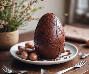 ovo de páscoa de chocolate em um prato com pequenos ovinhos ao lado