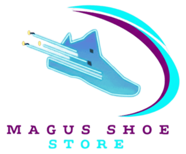 Logotipo de Magus Shoe Store: icono de zapatilla deportiva en estilo neón cian con estela morada.