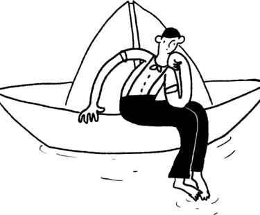 Disegno nero su bianco di pascal il clown seduto su una barchetta di carta