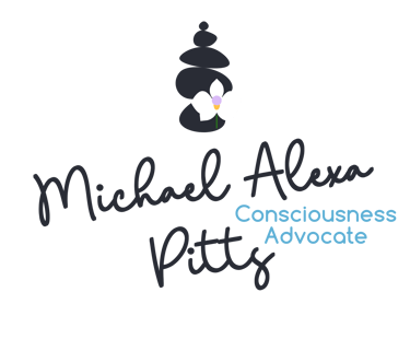 Brand art of Michael Alexa Pitts, in black cursive, Consciousness Advocate, skyblue print, a black rock cairn, a white orchid
