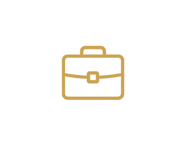 Gold linear briefcase icon on a black background representing business and professional careers.