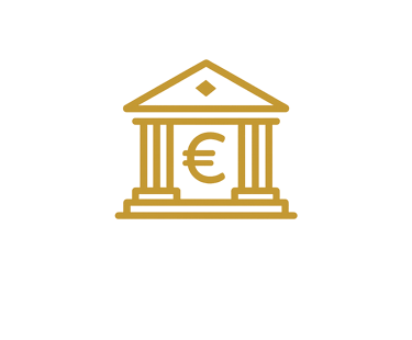 Gold bank icon with an Euro symbol inside a classical building outline on a black background.