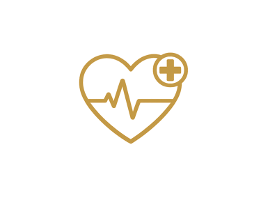 Gold heart icon with heartbeat line and plus sign representing health insurance and medical care.