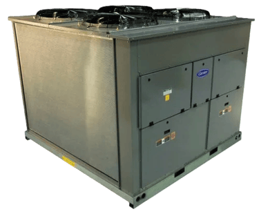 Carrier commercial HVAC air-cooled DX unit with four condenser fans for industrial cooling.