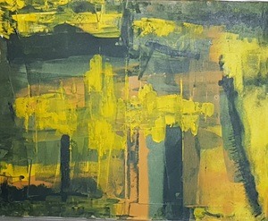 Peinture abstraite acrylique, lumière déclinante et silhouettes urbaines suggérées.