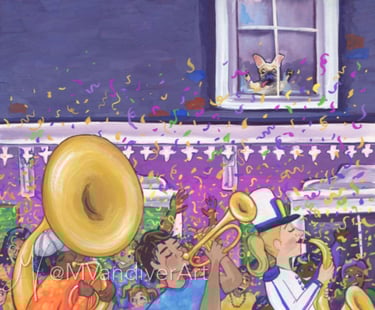 Illustrations from Bruno & Frida Go To Mardi Gras by New Orleans artist Melissa Vandiver.