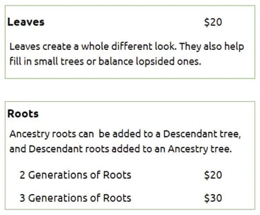 Cost to add leaves and roots to your Custom Family Tree Art
