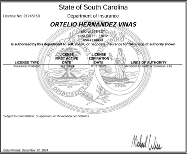 Licencia de Representante de Cliente de Seguros del Departamento de Servicios Financieros