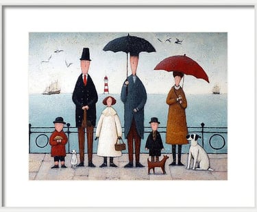 Lowry style dog art print  Three Dogs on the Prom unique wall art  Nostalgic British seaside figurat