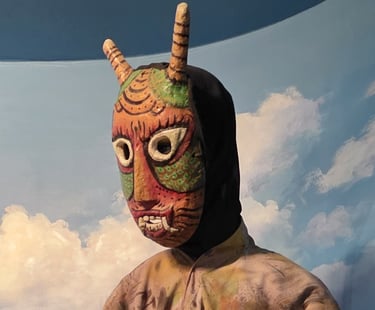 Goseong Ogwangdae mask and costume on display at the Hahoe World Mask Museum