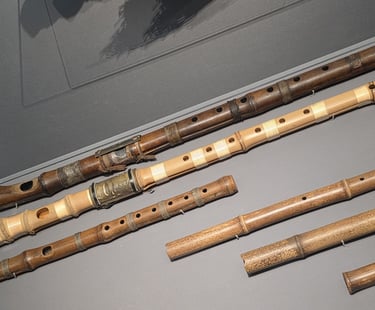 Sanjo daegeum (second top) and other wind instruments from a display at the Gugak Museum in Seoul