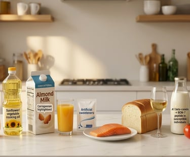 Kitchen counter with almond milk, vegetable oil, agave syrup, salmon, and bread for healthy meal planning.