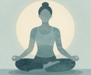 A serene professional in a navy suit practicing mindfulness outdoors at sunrise.