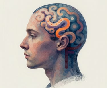 A serene professional in a navy suit practicing mindfulness outdoors at sunrise.