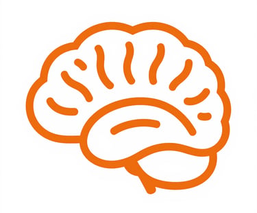 Orange line art illustration of a human brain profile icon on a white background.