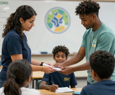 A caring mentor helping a foster youth with homework in a cozy, welcoming setting.