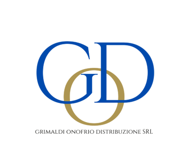 Grimaldi Onofrio Distribuzione SRL logo with blue and gold interlocking letters on a black background.