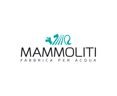 Mammoliti Fabbrica Per Acqua teal lion logo and grey typography on a black background.
