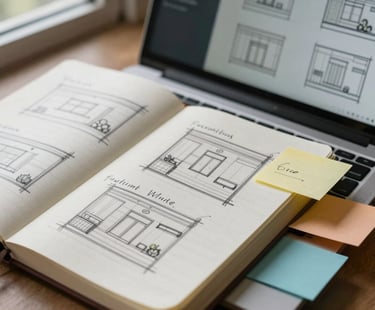 Close-up of a notebook with handwritten site structure sketches and sticky notes beside a laptop screen showing wireframe layouts, natural window light, process-focused work-in-progress feel