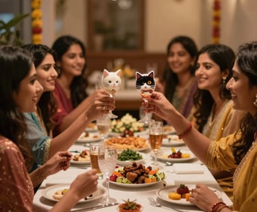 A happy group of local women celebrating a festive kitty party at a beautifully set restaurant table in Ayodhya. The lighting is warm and celebratory, incorporating brand tones of #B78759 and #F8F3EC. High-quality lifestyle photography.