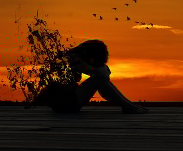 Silouhette d'un corps replié sur lui meme qui se dissout devant un coucher de soleil