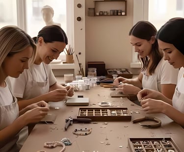 Mujeres elaborando joyería hecha a mano en una mesa de taller con cuentas y pinzas de joyeria