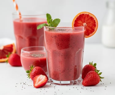 A glass of vibrant red berry smoothie with strawberries and chia seeds.