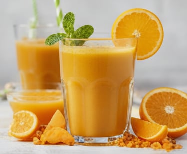 A yellow turmeric latte or smoothie garnished with an orange slice.