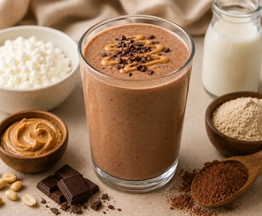 Chocolate peanut butter protein smoothie with cottage cheese and cocoa powder ingredients.