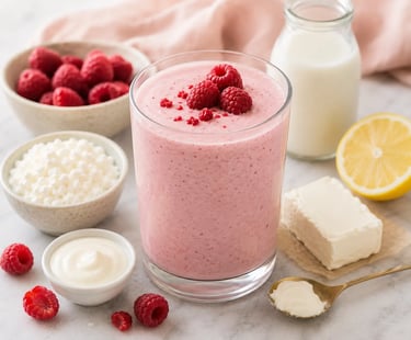 A creamy pink raspberry smoothie in a glass surrounded by fresh berries, cottage cheese, and yogurt.