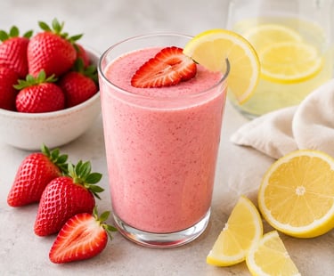 Fresh strawberry lemon smoothie in a glass garnished with fruit slices and a bowl of berries.