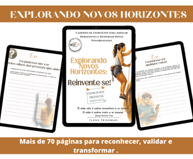 Caderno Digital Explorando Novos Horizontes da Self Me: capa e páginas internas exibidas em tablets,