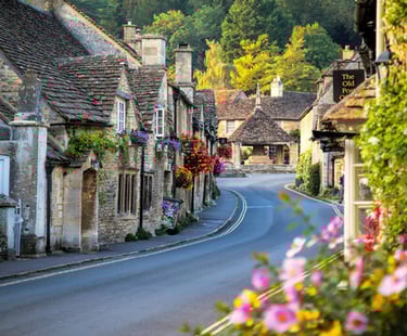 a street scene with a road and houses