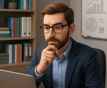 Tech consultant sitting at a desk with computer โ representing digital advisory