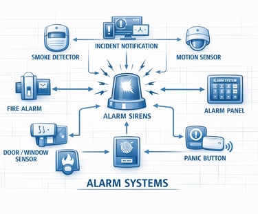 Diagram showing how smoke detectors, motion sensors, door and window sensors, panic buttons, and fir