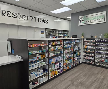 inside look of pharmacy with medical products on the shelves 