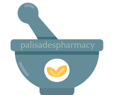 A teal mortar and pestle with the words palisades pharmacy on its rim and a pair of yellow leaves