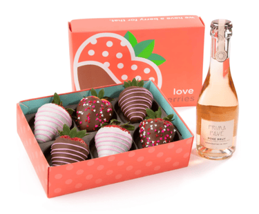 A Gift Inside 6 Chocolatey Covered Love Berries Strawberries with Sparkling Alcohol-Free Rose Brut