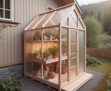a wood frame greenhouse at the side of a house