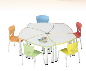 Modular flower shaped school table with colorful classroom chairs for collaborative learning.