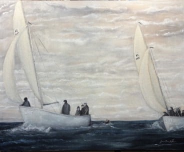 a painting of 1945 sailboats with people on it