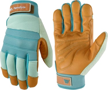 Durable HydraHyde water-resistant leather work gloves for women in teal and tan.