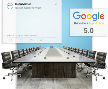 sala de reuniões limpa e organizada ao lado de selo de avaliação 5 estrelas do google 
