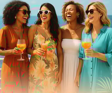 a group of women standing around a beach