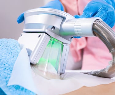 close up of coolsculpting machine clamping down on client's fat