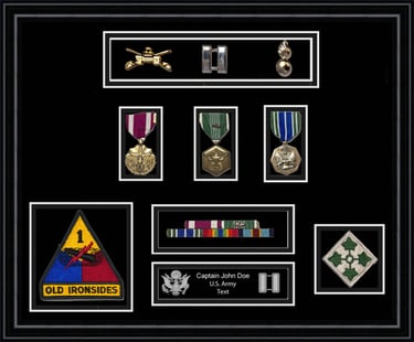 Custom US Army shadow box featuring Captain rank insignia, military medals, and Old Ironsides patches.