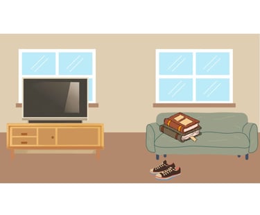 graphic art picture of couch, TV, and shoes, with no decorations