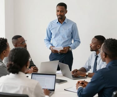 A professional consultant engaging thoughtfully with educators in a modern office setting.