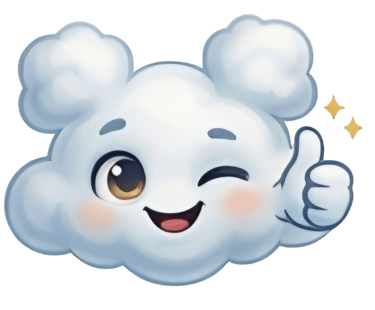 Cute fluffy cloud character winking and giving a thumbs up with a happy smile.