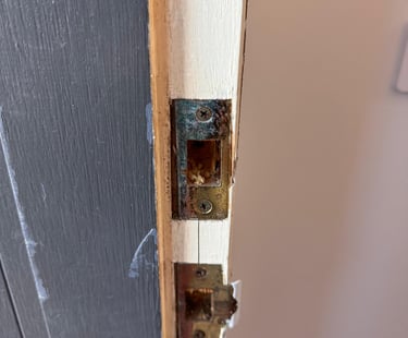 Close-up of timber door frame old cavity for Aqara A100 Smart Lock fitting